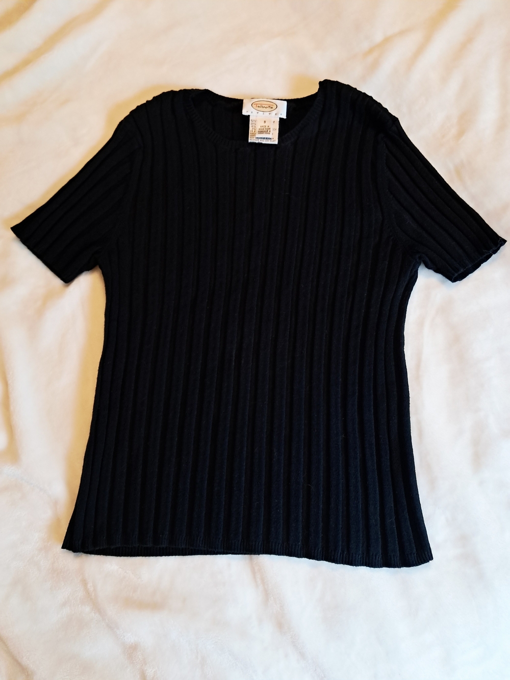 Talbots Black Ribbed Crewneck Short Sleeve Sweater Top In Petite Small